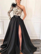 NumberSea - A - Line Evening Gown Black Dress Vintage Formal Wedding Guest Court Train Long Sleeve One Shoulder Satin with Feather Slit