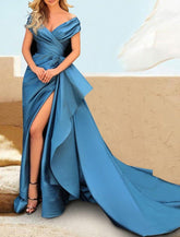 NumberSea - A - Line Evening Gown Celebrity Style Dress Formal Wedding Party Court Train Short Sleeve Off Shoulder Satin with Slit Pure Color