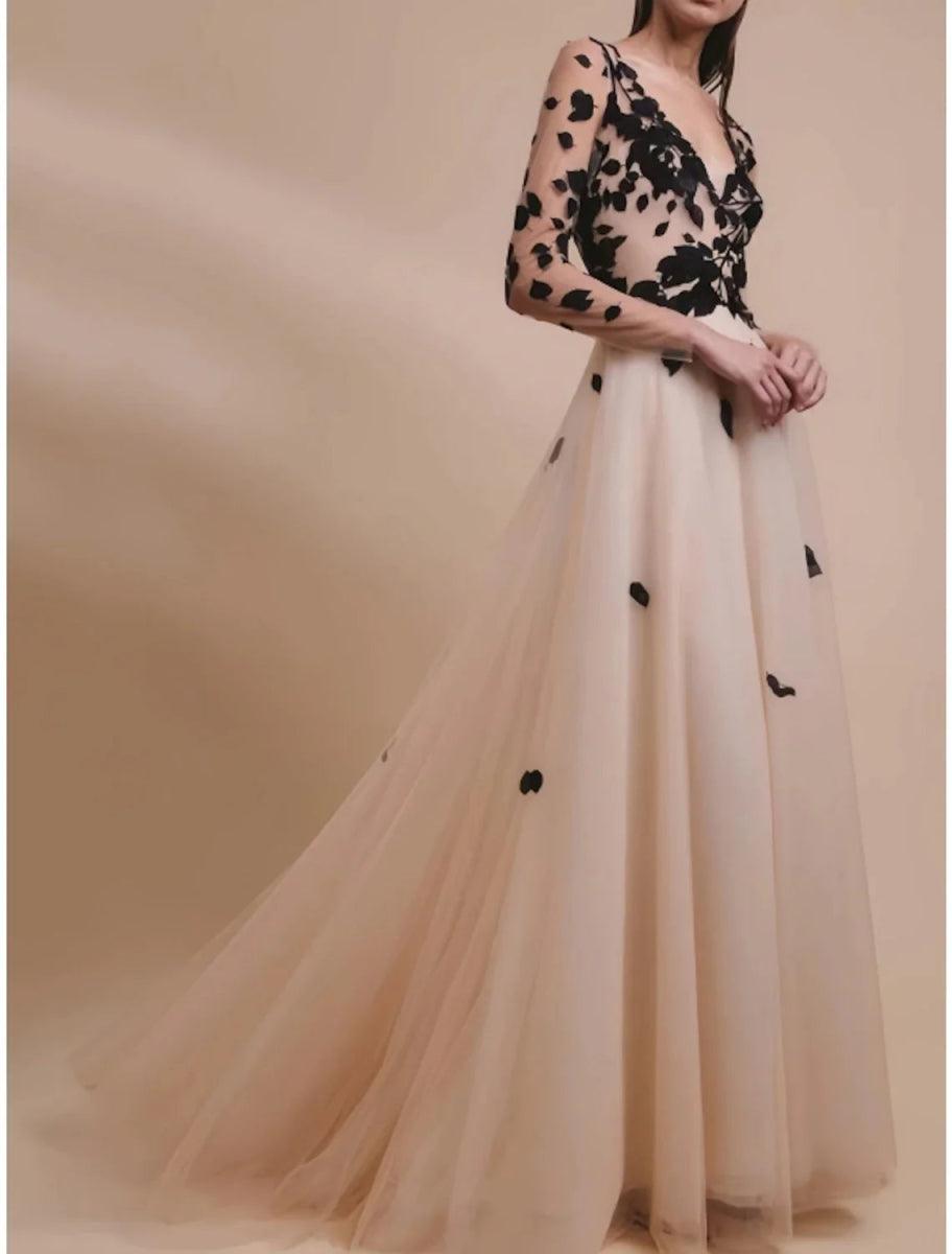 NumberSea-A-Line Evening Gown Champagne Gold Elegant Dress Formal Wedding Guest Sweep / Brush Train Long Sleeve V Neck Tulle with Embroidery US 26W / NumberSea-A-Line Evening Gown Champagne Gold Elegant Dress Formal Wedding Guest Sweep / Brush Train Long Sleeve V Neck Tulle with Embroidery US 26W /