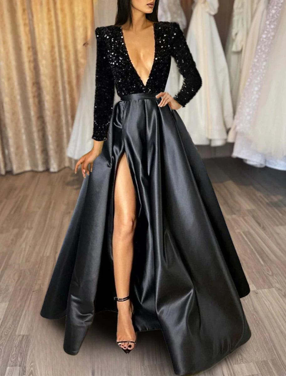 A-Line Evening Gown Christmas Red Green Dress Formal Black Dress Plus Size Wedding Court Train Half Sleeve V Neck Satin with Sequin Slit, Black A-Line Evening Gown Christmas Red Green Dress Formal Black Dress Plus Size Wedding Court Train Half Sleeve V Neck Satin with Sequin Slit, Black