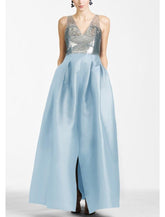 NumberSea - A - Line Evening Gown Color Block Dress Formal Prom Floor Length Sleeveless V Neck Satin with Sequin Slit