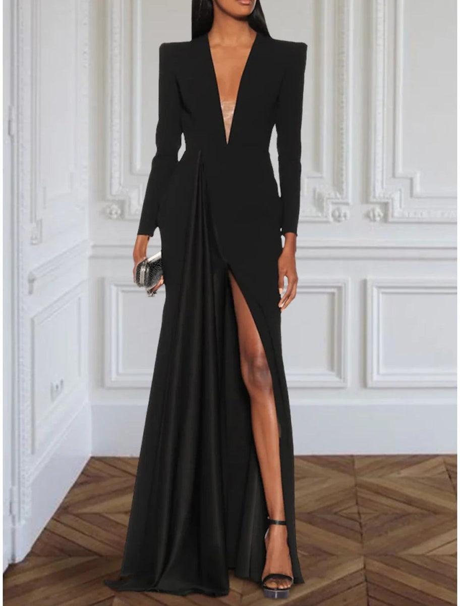 NumberSea-A-Line Evening Gown Elegant Black Champagne Dress Plus Size Dress Formal Sweep / Brush Train Long Sleeve V Neck Stretch Fabric with Pleats