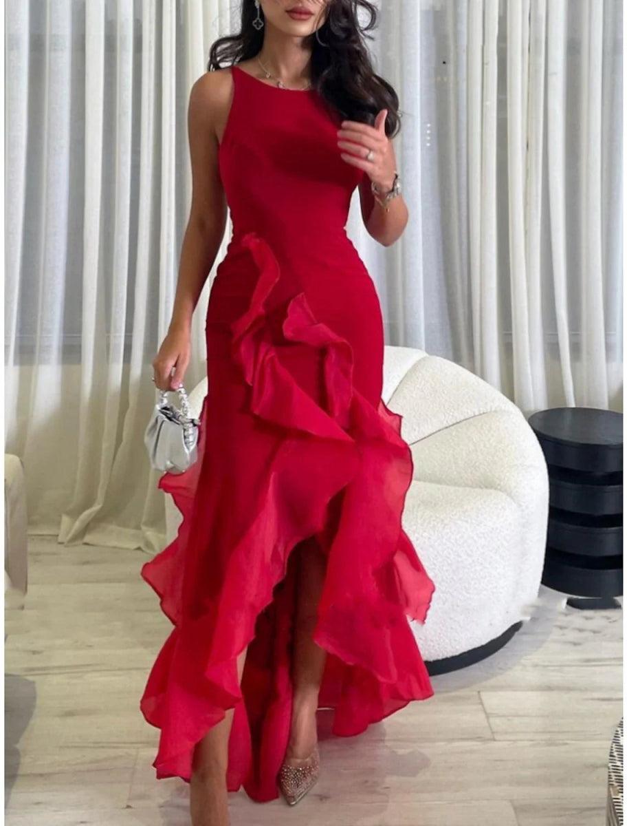 A-Line Evening Gown Elegant Dress Formal Ankle Length Christmas Red Green Dress Sleeveless Scoop Neck Stretch Chiffon with Ruffles Slit, US 8 / UK 12 A-Line Evening Gown Elegant Dress Formal Ankle Length Christmas Red Green Dress Sleeveless Scoop Neck Stretch Chiffon with Ruffles Slit, US 8 / UK 12