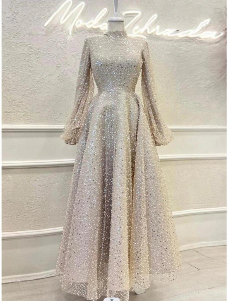 NumberSea-A-Line Evening Gown Elegant Dress Formal Ankle Length Long Sleeve High Neck Sequined with Glitter Pleats NumberSea-A-Line Evening Gown Elegant Dress Formal Ankle Length Long Sleeve High Neck Sequined with Glitter Pleats