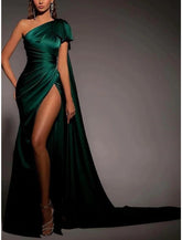 NumberSea - A - Line Evening Gown Elegant Dress Formal Court Train Christmas Red Green Dress Sleeveless One Shoulder Satin with Bow(s) Ruched Slit