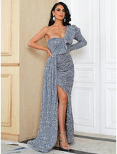 NumberSea - A - Line Evening Gown Elegant Dress Formal Sweep / Brush Train Long Sleeve One Shoulder Sequined with Glitter Ruched Slit