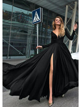 NumberSea - A - Line Evening Gown Empire Black Dress Plus Size Holiday Wedding Guest Floor Length Long Sleeve V Neck Chiffon V Back with Slit Pure Color