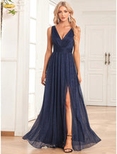 NumberSea - A - Line Evening Gown Empire Dress Party Wear Floor Length Sleeveless V Neck Spandex V Back with Glitter Slit