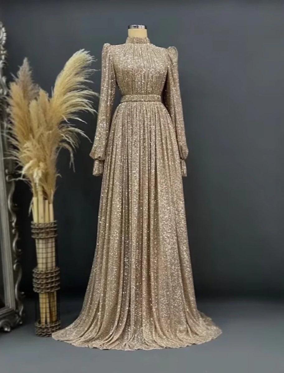 NumberSea-A-Line Evening Gown Glittering Dress Christmas Black Tie Floor Length Long Sleeve Jewel Neck Fall Wedding Guest Sequined with Ruched