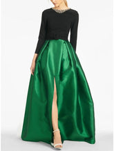 NumberSea - A - Line Evening Gown High Split wedding guest Dress Formal Fall Floor Length Long Sleeve color contrast Jewel Neck Satin with Crystals Slit