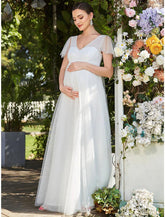 NumberSea - A - Line Evening Gown Maternity Dress Formal Evening Floor Length Short Sleeve V Neck Bridesmaid Dress Tulle V Back with Pure Color Tiered