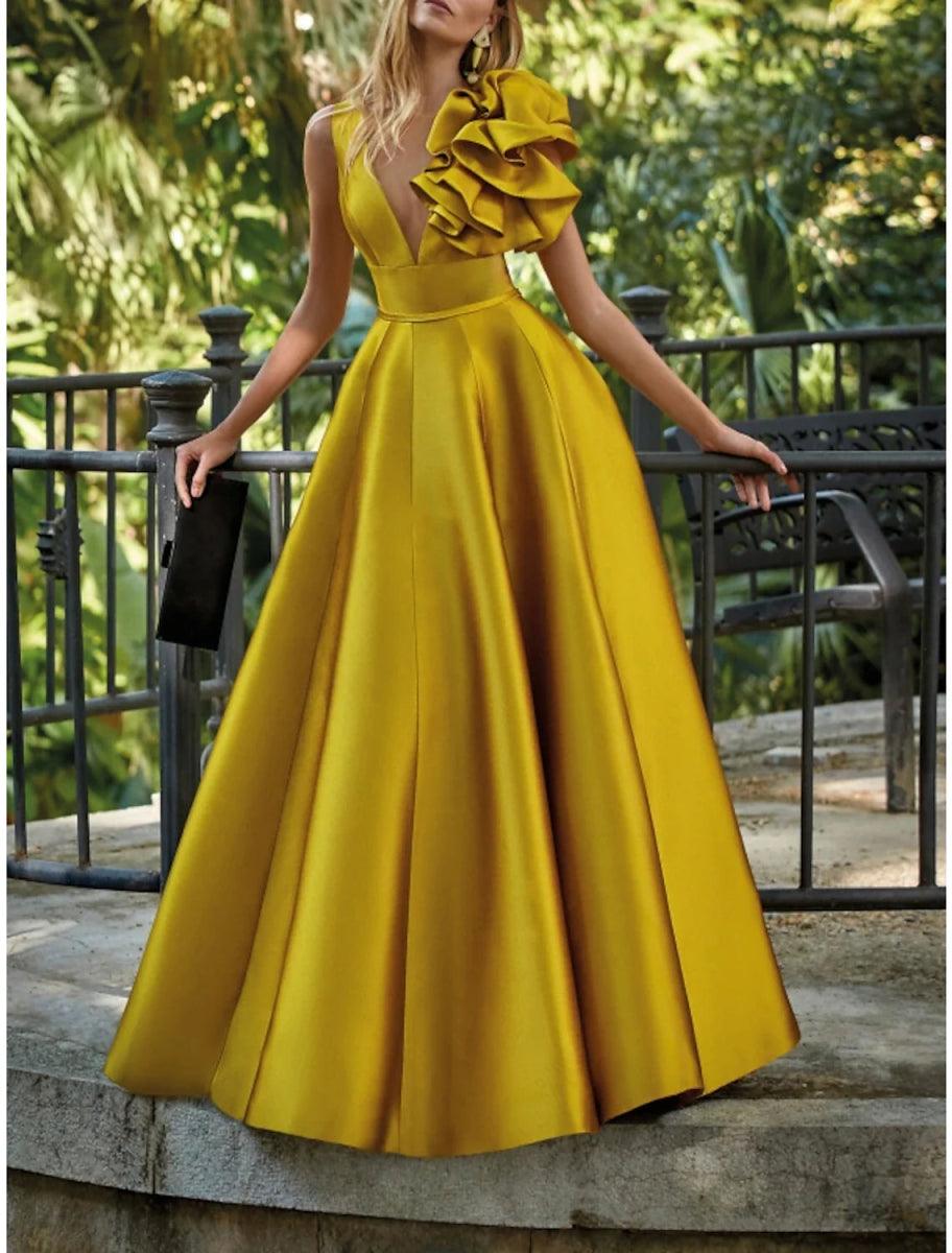 NumberSea-A-Line Evening Gown Party Dress Formal Wedding Guest Floor Length Sleeveless V Neck Satin with Shouder Flower NumberSea-A-Line Evening Gown Party Dress Formal Wedding Guest Floor Length Sleeveless V Neck Satin with Shouder Flower