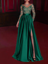 NumberSea - A - Line Evening Gown Sparkle & Shine Dress Engagement Birthday Floor Length Long Sleeve V Neck with Rhinestone Appliques 