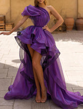 NumberSea - A - Line Evening Gown Wedding Prom Dress Sexy High Low Formal Dress Purple Sleeveless One Shoulder Organza with Ruffles Pure Color