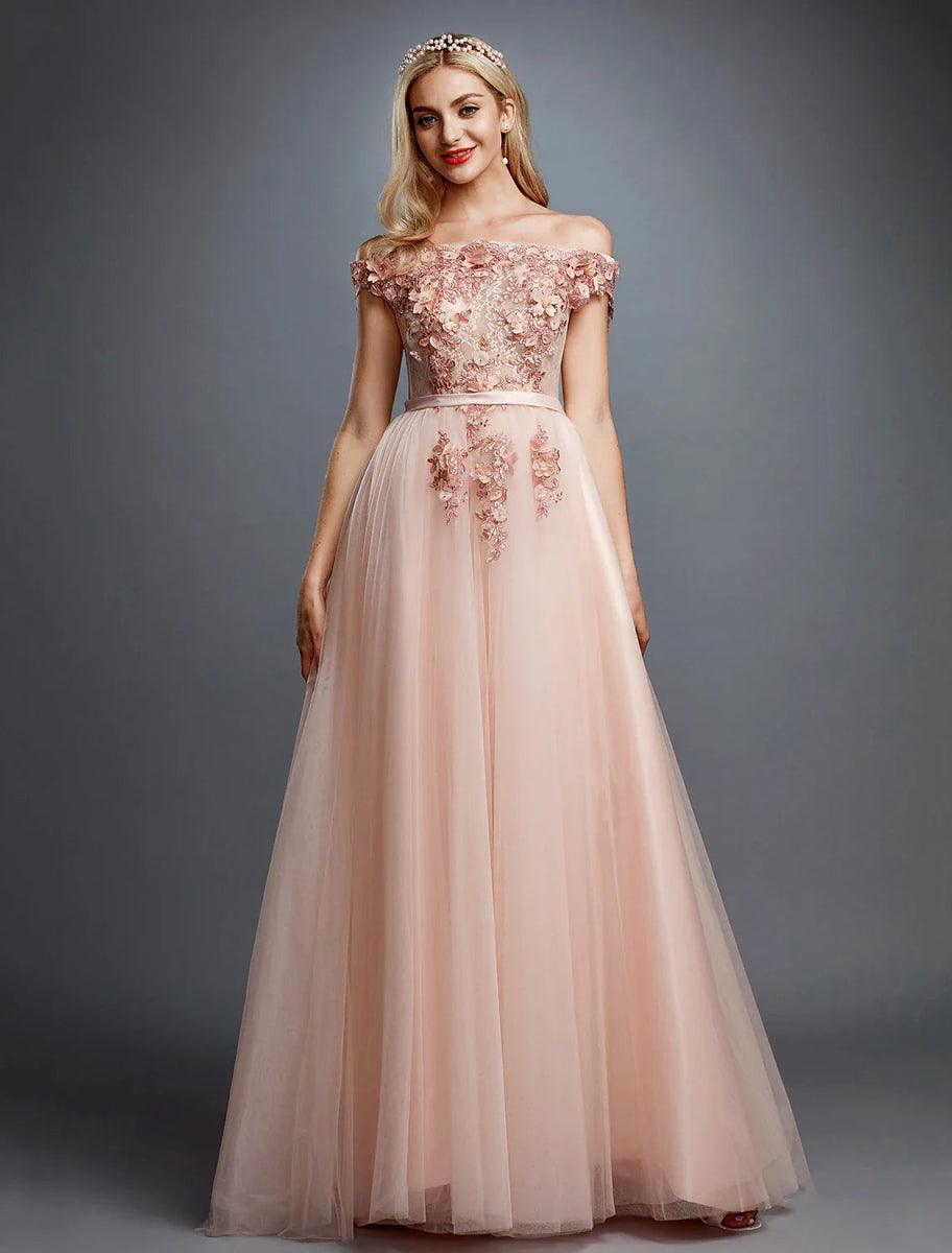 A-Line Floral Dress Wedding Guest Sweep / Brush Train Sleeveless Off Shoulder Tulle Over Lace with Appliques US 22plus / UK 26 / EU 52 / As Picture1