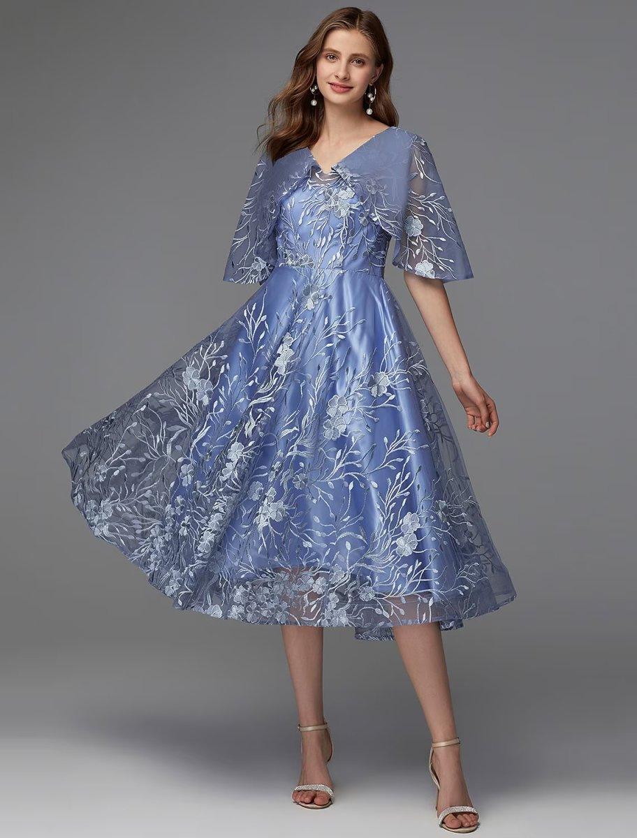 A-Line Floral Dress Wedding Guest Tea Length Sleeveless V Neck Lace V Back with Pattern / Print Appliques US 16Plus / UK 20 / EU 46 / As Picture A-Line Floral Dress Wedding Guest Tea Length Sleeveless V Neck Lace V Back with Pattern / Print Appliques US 16Plus / UK 20 / EU 46 / As Picture