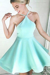 A-line Halter Short Mint Satin Homecoming Dress with Ruched