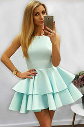 A-Line Halter Short Sleeveless Mint Satin Homecoming Dress with Ruffles