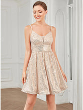 NumberSea - A - Line Homecoming Dresses Vintage Dress Homecoming Party Wear Short / Mini Sleeveless V Neck Pink Dress Sequined with Glitter Sequin