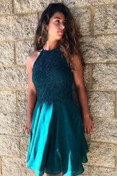 A-Line Jewel Turquoise Chiffon Homecoming Dress with Lace Beading