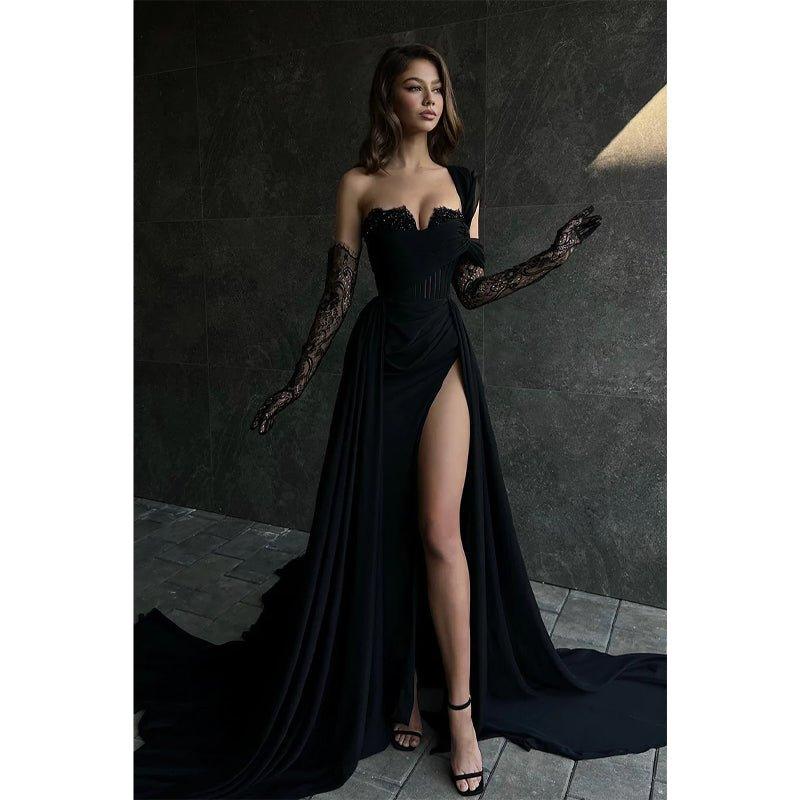 NumberSea-A Line Lace Appliques High Split Black Long Prom Formal Dress Black / 16W NumberSea-A Line Lace Appliques High Split Black Long Prom Formal Dress Black / 16W