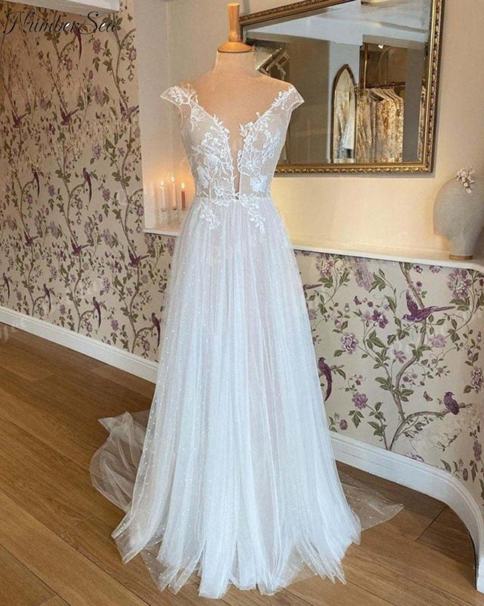 NumberSea-2022 A Line Mariage Vestidos Wedding Dress Deep V Neck Lace Floral Applique Cap Sleeve Boho Wedding Gown trajes de novias largos NumberSea-2022 A Line Mariage Vestidos Wedding Dress Deep V Neck Lace Floral Applique Cap Sleeve Boho Wedding Gown trajes de novias largos