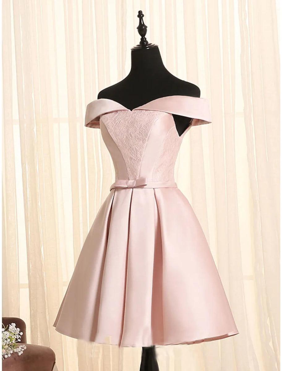 A-Line Minimalist Elegant Engagement Cocktail Party Dress Off Shoulder Sleeveless Short / Mini Satin with Bow(s) Lace Insert US 4 / UK 8 / EU 34