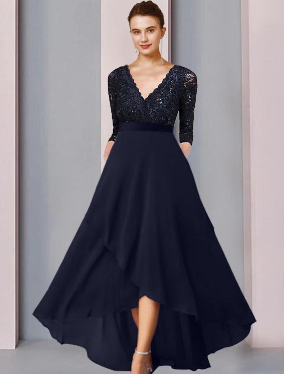 NumberSea-A-Line Mother of the Bride Dress Elegant High Low V Neck Asymmetrical Tea Length Chiffon Lace 3/4 Length Sleeve with Sequin