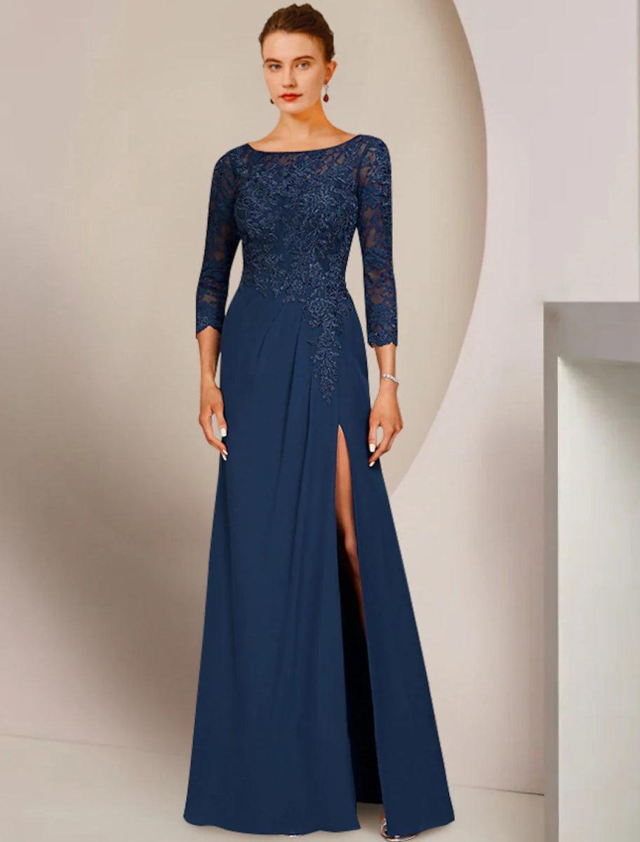 NumberSea-A-Line Mother of The Bride Dress Elegant Scoop Neck Floor Length Chiffon Lace 3/4 Length Sleeve with Appliques Split Front US 18plus / UK 22 NumberSea-A-Line Mother of The Bride Dress Elegant Scoop Neck Floor Length Chiffon Lace 3/4 Length Sleeve with Appliques Split Front US 18plus / UK 22