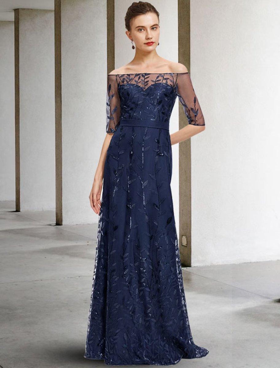 NumberSea-A-Line Mother of the Bride Dress Elegant Sparkle & Shine Off Shoulder Floor Length Lace Tulle Half Sleeve with Sequin Appliques