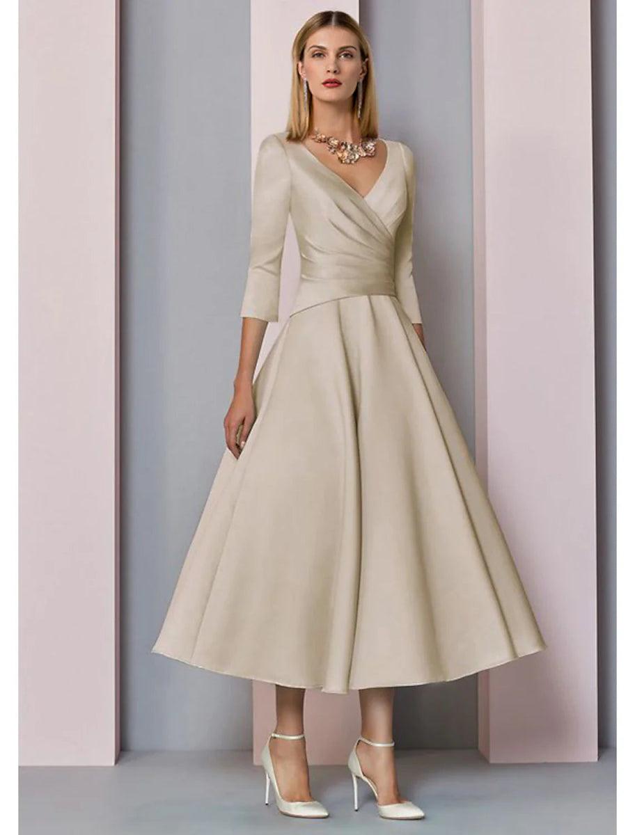 NumberSea-A-Line Mother of the Bride Dress Fall Wedding Guest Vintage Plus Size Elegant V Neck Tea Length Satin 3/4 Length Sleeve with Pleats