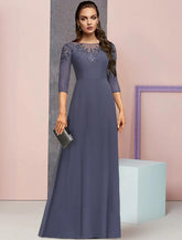 NumberSea - A - Line Mother of the Bride Dress Formal Elegant Jewel Neck Floor Length Chiffon Lace 3/4 Length Sleeve with Sequin Appliques