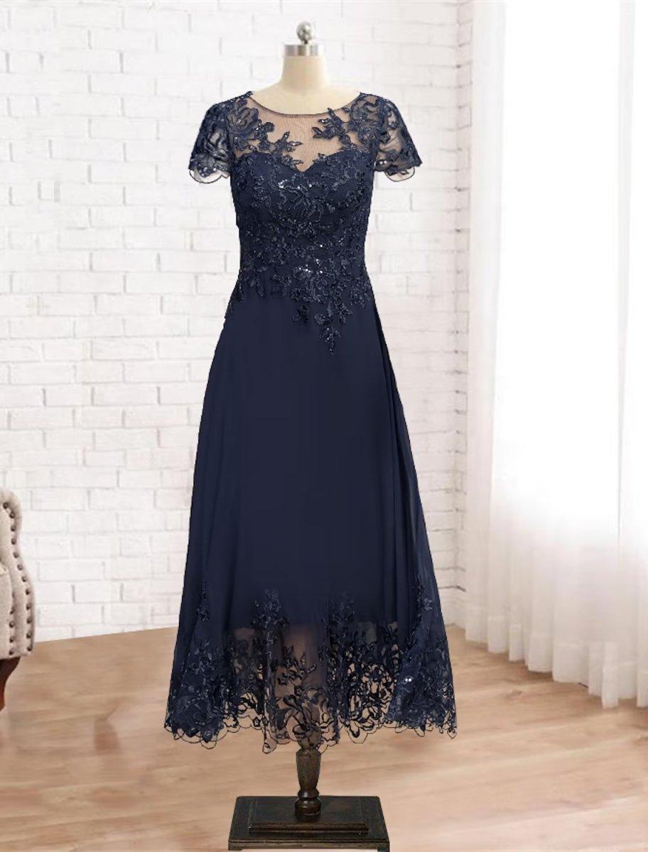 NumberSea-A-Line Mother of the Bride Dress Formal Vintage Elegant Scoop Neck Tea Length Lace 3/4 Length Sleeve with Sequin Appliques