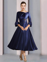 NumberSea - A - Line Mother of the Bride Dress Formal Wedding Guest Elegant Bateau Neck Tea Length Satin 3/4 Length Sleeve with Pleats Beading