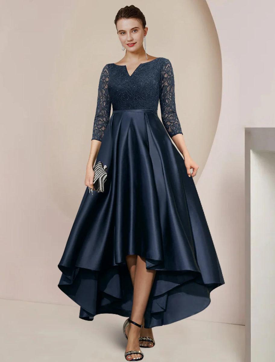 A-Line Mother of The Bride Dress Formal Wedding Guest Elegant High Low Scoop Neck Asymmetrical Tea Length Satin Lace 3/4 Length Sleeve with Pleats A-Line Mother of The Bride Dress Formal Wedding Guest Elegant High Low Scoop Neck Asymmetrical Tea Length Satin Lace 3/4 Length Sleeve with Pleats