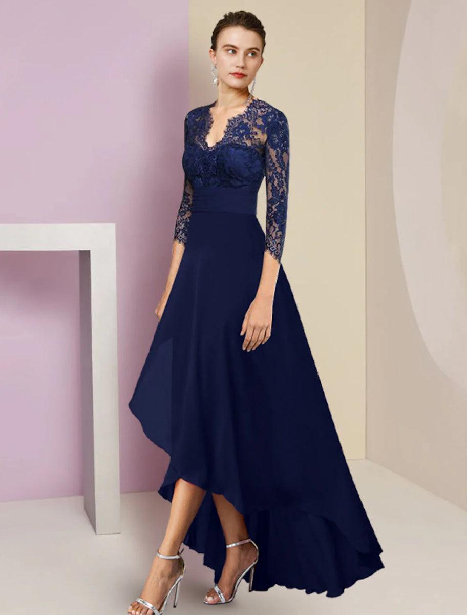 NumberSea-A-Line Mother of the Bride Dress Formal Wedding Guest Elegant High Low V Neck Asymmetrical Tea Length Chiffon Lace 3/4 Length Sleeve with ... NumberSea-A-Line Mother of the Bride Dress Formal Wedding Guest Elegant High Low V Neck Asymmetrical Tea Length Chiffon Lace 3/4 Length Sleeve with ...