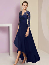 NumberSea - A - Line Mother of the Bride Dress Formal Wedding Guest Elegant High Low V Neck Asymmetrical Tea Length Chiffon Lace 3/4 Length Sleeve with Ruched