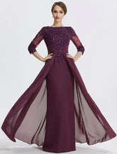 NumberSea - A - Line Mother of the Bride Dress Formal Wedding Guest Elegant Jewel Neck Floor Length Chiffon Lace 3/4 Length Sleeve with Lace Solid Color
