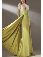 NumberSea - A - Line Mother of the Bride Dress Formal Wedding Guest Elegant Jewel Neck Floor Length Chiffon Lace Long Sleeve with Lace Draping