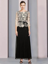 NumberSea - A - Line Mother of the Bride Dress Formal Wedding Guest Elegant Scoop Neck Floor Length Chiffon Lace 3/4 Length Sleeve with Bow(s) Color Block