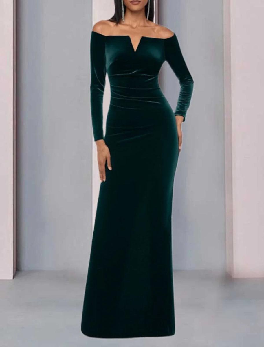 NumberSea-A-Line Mother of the Bride Dress Formal Wedding Guest Party Elegant Off Shoulder Floor Length Velvet Long Sleeve with Ruched
