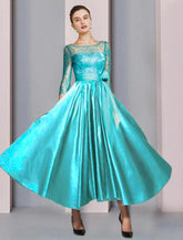 NumberSea - A - Line Mother of the Bride Dress Formal Wedding Guest Party Elegant Scoop Neck Ankle Length Satin Lace 3/4 Length Sleeve with Bow(s) Pleats