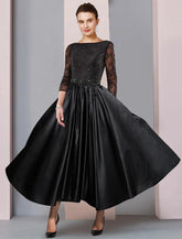 NumberSea - A - Line Mother of the Bride Dress Formal Wedding Guest Party Elegant Scoop Neck Tea Length Satin Lace 3/4 Length Sleeve with Sash / Ribbon Pleats