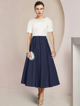 NumberSea - A - Line Mother of the Bride Dress Formal Wedding Guest Party Elegant Scoop Neck Tea Length Satin Short Sleeve with Pleats Color Block