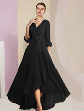 NumberSea - A - Line Mother of the Bride Dress Formal Wedding Guest Vintage Elegant V Neck Asymmetrical Ankle Length Chiffon 3/4 Length Sleeve with Flower