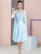 NumberSea - A - Line Mother of the Bride Dress Formal Wedding Guest Vintage Elegant V Neck Knee Length Chiffon Lace 3/4 Length Sleeve Jacket Dresses with Beading Sequin Appliques