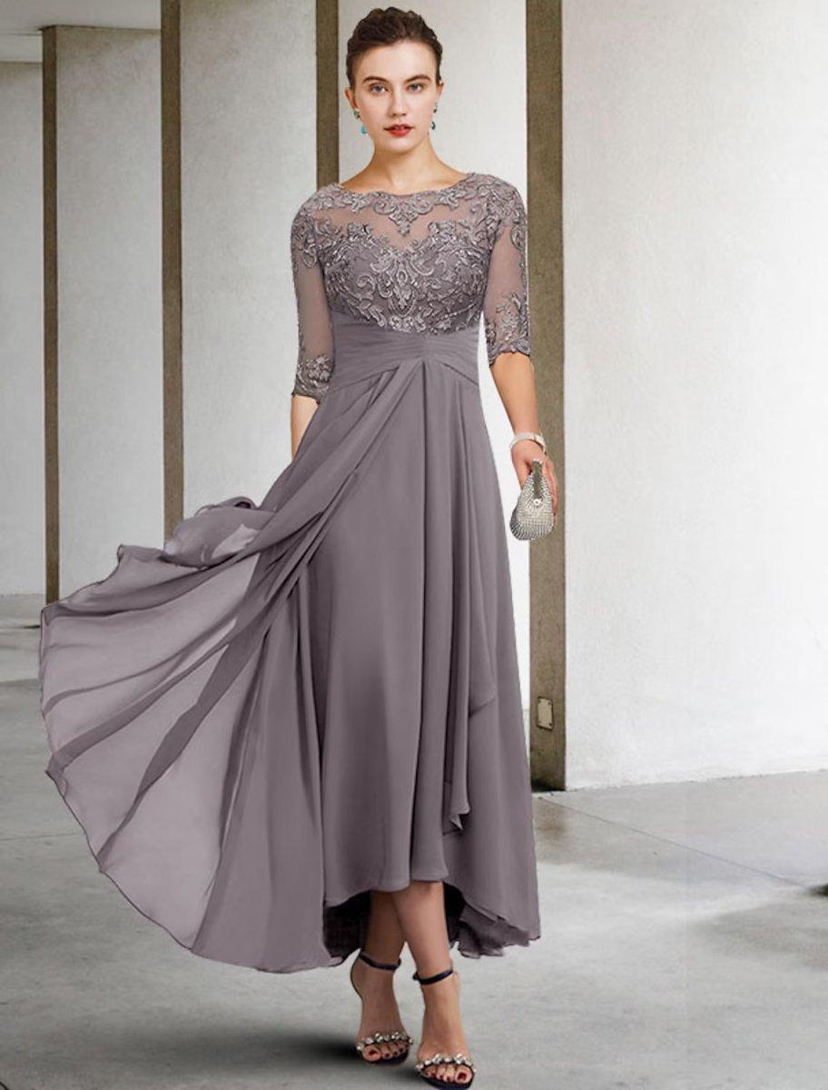 NumberSea-A-Line Mother of the Bride Dress Plus Size Elegant High Low V Neck Asymmetrical Ankle Length Chiffon Lace Half Sleeve with Beading Appliques NumberSea-A-Line Mother of the Bride Dress Plus Size Elegant High Low V Neck Asymmetrical Ankle Length Chiffon Lace Half Sleeve with Beading Appliques