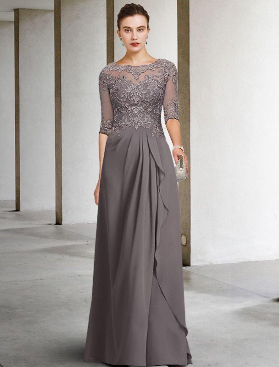 NumberSea-A-Line Mother of the Bride Dress Plus Size Elegant Jewel Neck Floor Length Chiffon Lace Half Sleeve with Pleats Beading Appliques