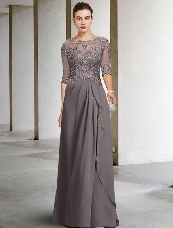 A-Line Mother of the Bride Dress Elegant Jewel Neck Floor Length Chiffon Lace Half Sleeve with Pleats Ruffles AppliquesV main image 0
