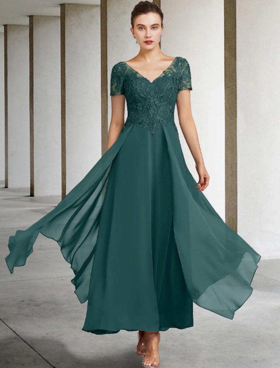 NumberSea-A-Line Mother of the Bride Dress Plus Size Elegant V Neck Ankle Length Chiffon Lace Short Sleeve with Appliques